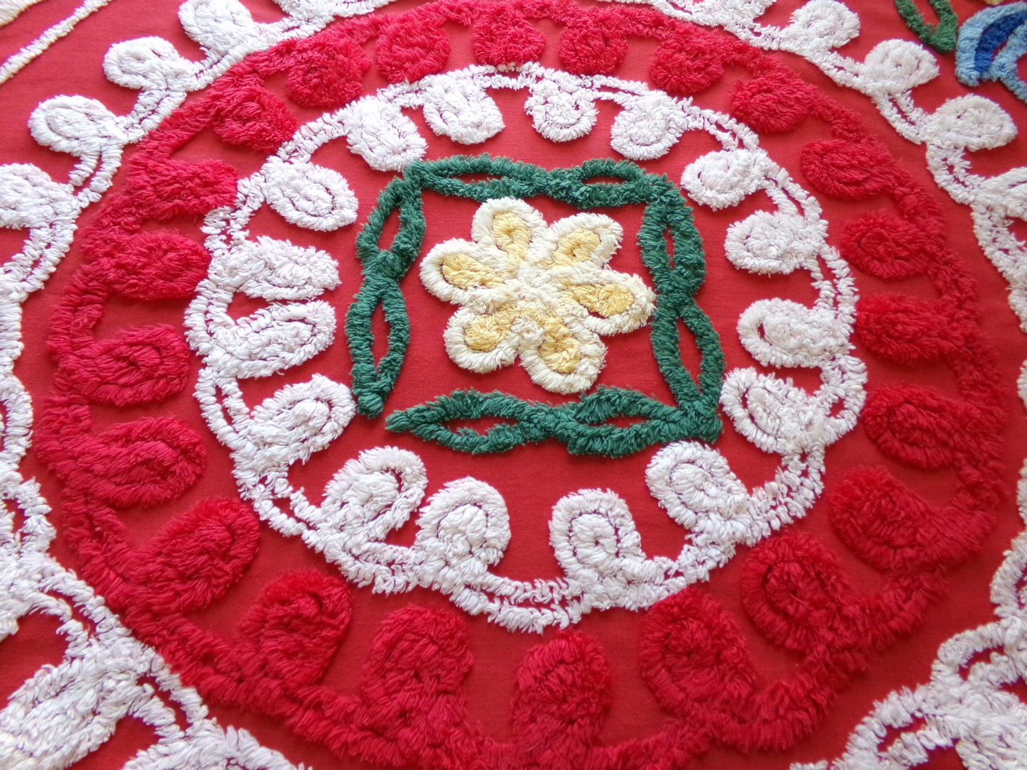 passion red vintage chenille fabric, large circular labyrinth of curlicues, large 32" x 23" cut piece for sewing, wall hanging, quilts