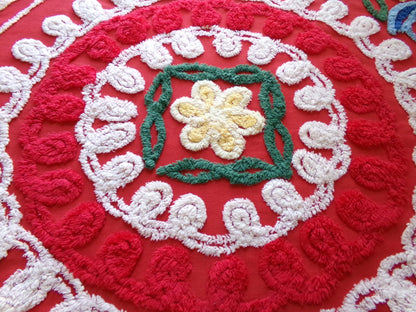 passion red vintage chenille fabric, large circular labyrinth of curlicues, large 32" x 23" cut piece for sewing, wall hanging, quilts