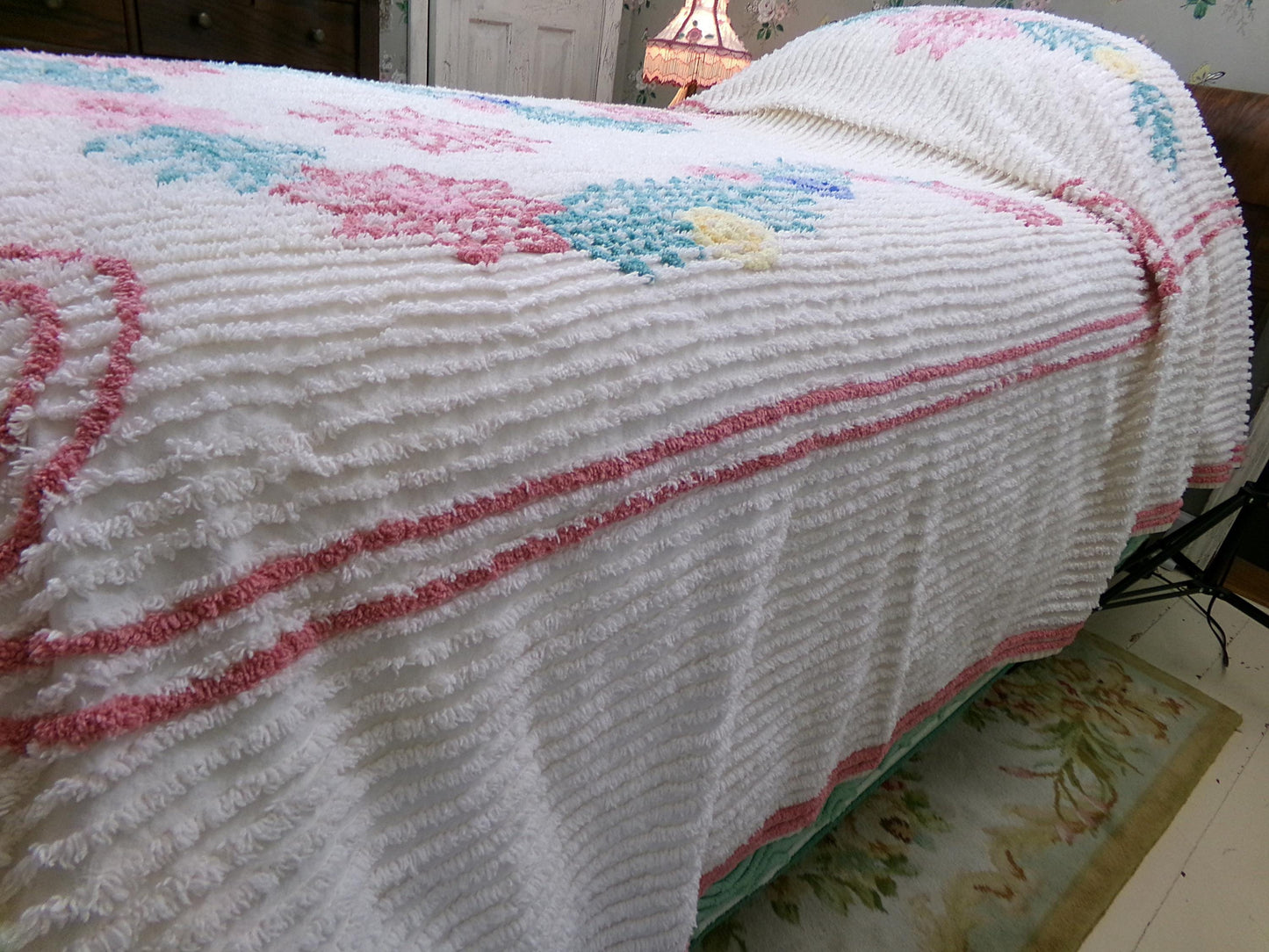 Vintage Twin Chenille Bedspread w/ Pink Star Lilies, Botanical Leaves on Cream Tufted Cotton