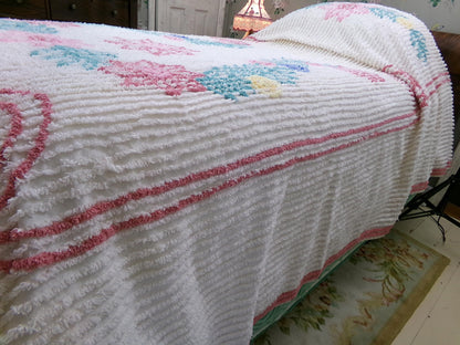 Vintage Twin Chenille Bedspread w/ Pink Star Lilies, Botanical Leaves on Cream Tufted Cotton