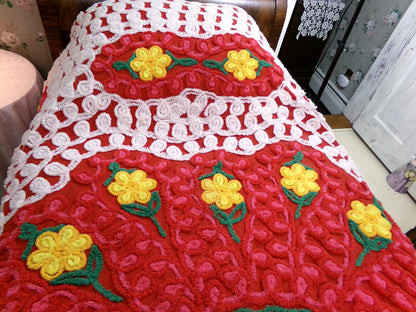 flower power vintage red hot chenille bedspread w/ hearts & daisies, full size plush cotton bedding