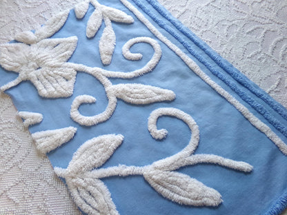 botanical white lily vintage chenille fabric, soothing blue 15" x 22" piece of sewing material for quilting and crafts