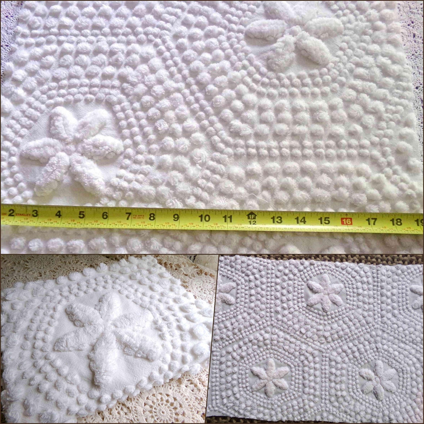 sweet stars 3D vintage chenille fabric, 100% cotton antique white sewing material for pillows, handmade chenille quilts, 28" x 18" cut piece