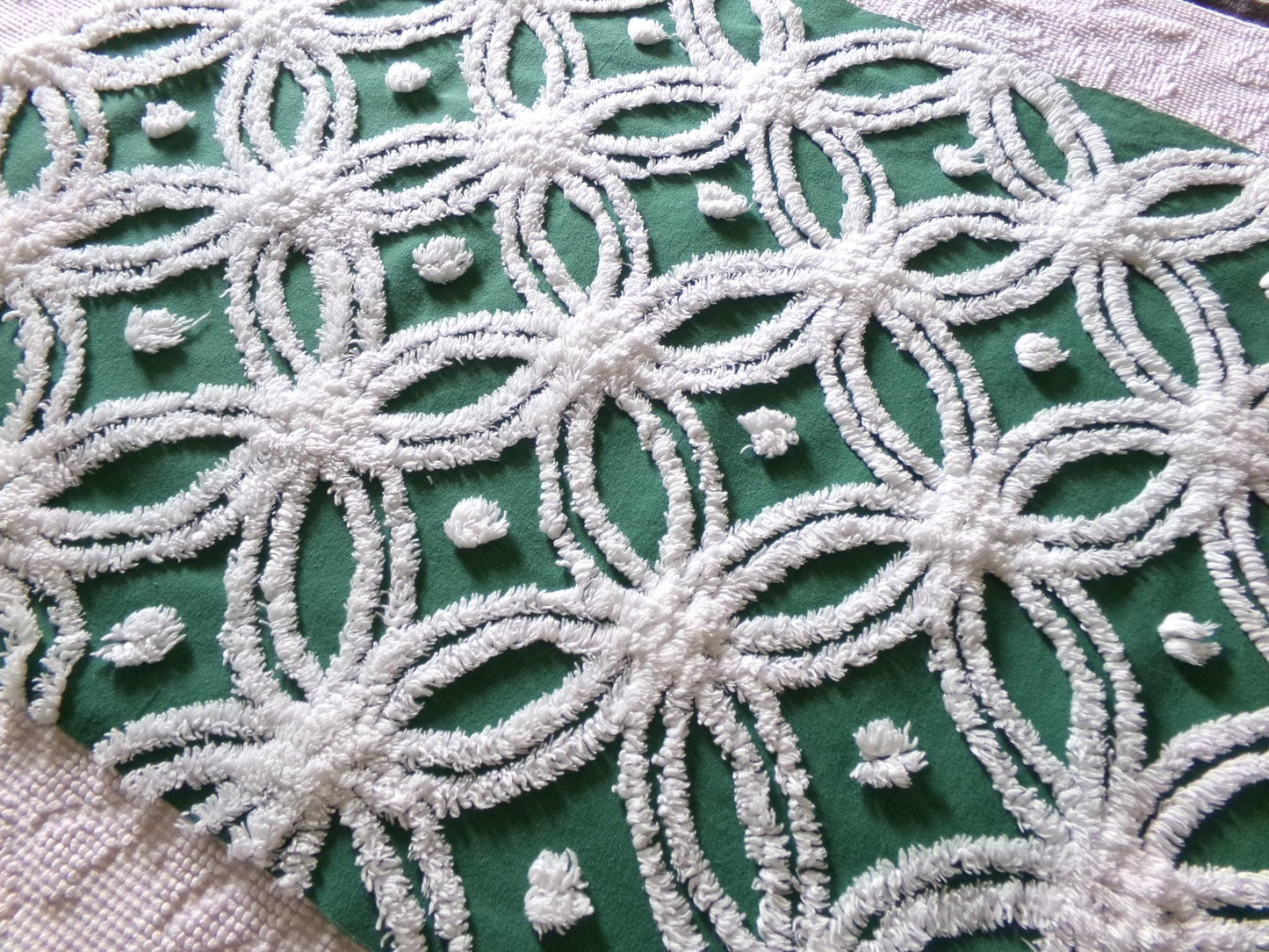 gorgeous green vintage chenille fabric, tufted white wedding rings, fluffy dots on evergreen, 20"x 27" inch piece of quilt & sewing material