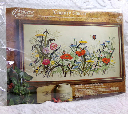 COUNTRY GARDEN Rare Crewel Stitchery Kit, Flower Power Meadow Scene Wall Hanging, Vintage 0511 Paragon Needlecraft Embroidery by Adele Veres