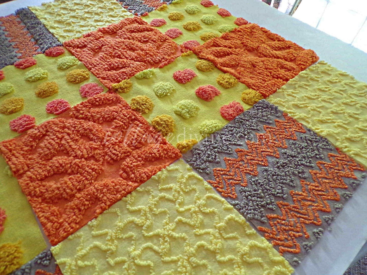 Retro Hippie Quilt Squares Set, from Vintage Chenille Bedspread Fabric, 16 Blocks, 6" x 6" inch