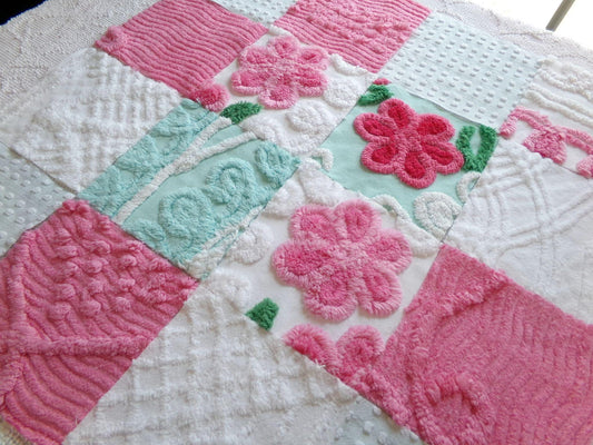 seafoam & pink 6" chenille squares, set of 16 quilt blocks rotary cut from vintage chenille bedspread fabrics