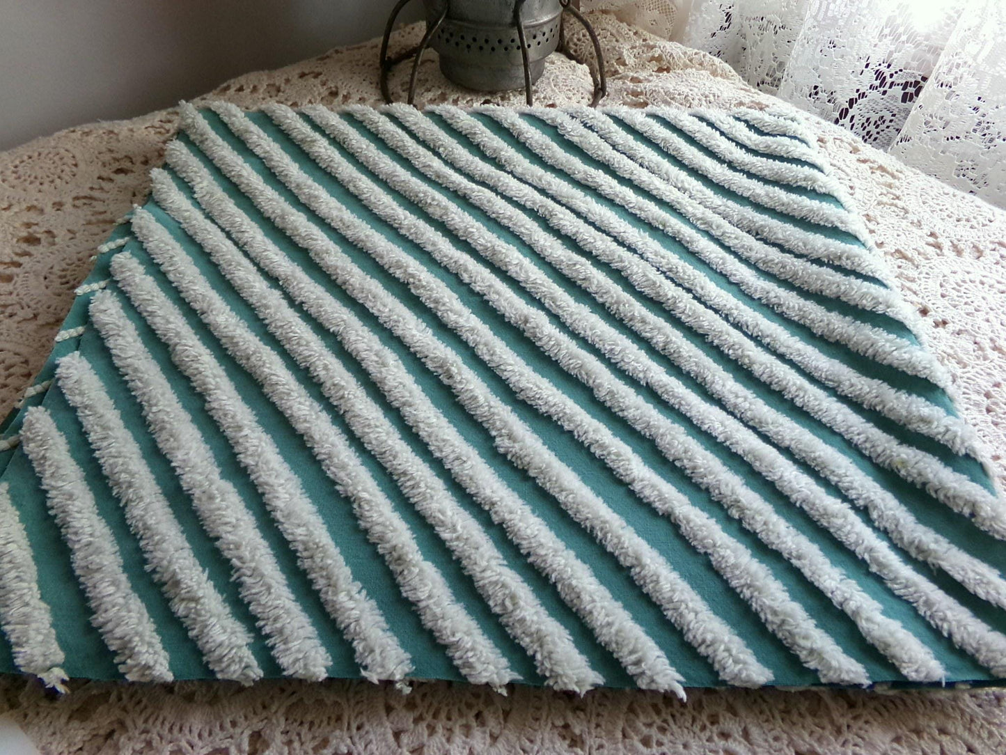 eyecatching plush stripes vintage chenille fabric, tonal green diagonal striped lines, 22" x 25" inch piece of sewing material