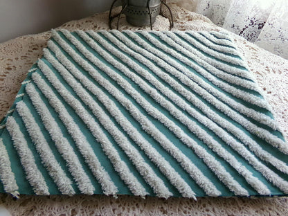eyecatching plush stripes vintage chenille fabric, tonal green diagonal striped lines, 22" x 25" inch piece of sewing material