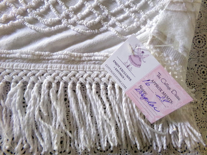 Farmhouse Style White Floral Chenille Fabric, Vintage 16" x 28" inch Piece, Great for Pillows & Quilting