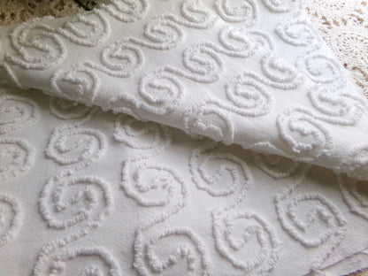 spiral curls white vintage chenille fabric, ultra lightweight cotton sewing material with great texture & presentation, 20" x 24" inch piece