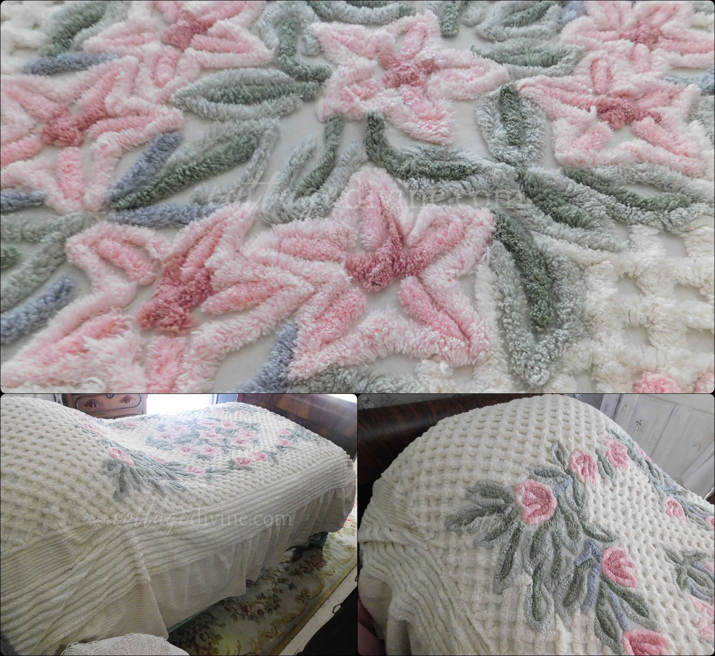 vintage chenille bedspread in a lush garden of pink lilies, buttercream twin size bedding, fitted design with ruffle skirt