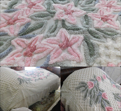 vintage chenille bedspread in a lush garden of pink lilies, buttercream twin size bedding, fitted design with ruffle skirt