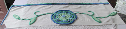 Retro Flower Power Vintage White Chenille Fabric, Striking 15.5" x 47" inch LARGE piece, Handmade Floral Design