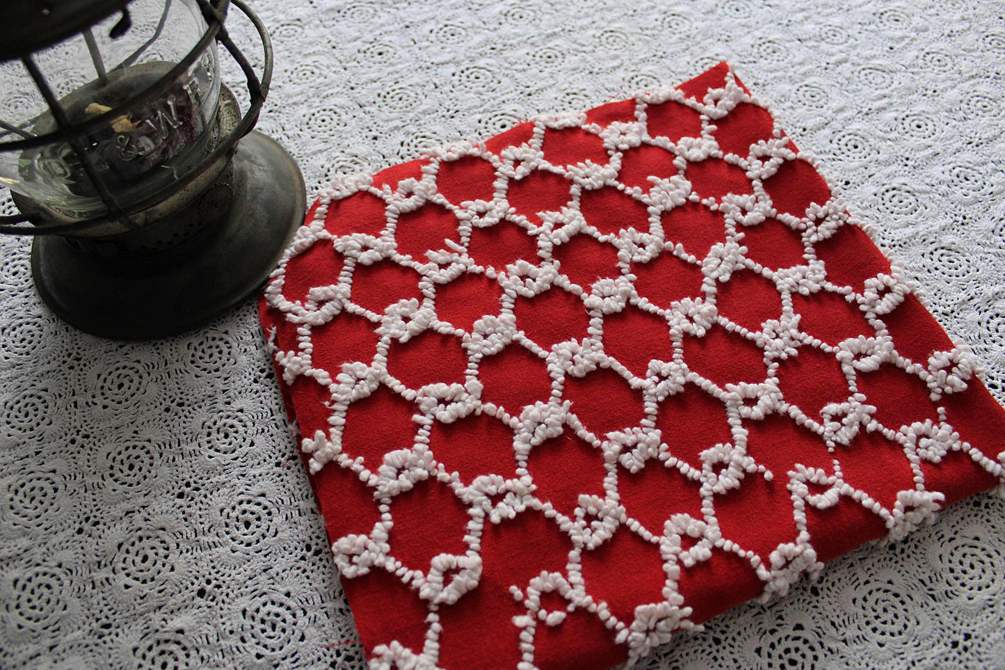 Fabulous Vintage Chenille Bedspread Fabric, Red & White Chain Link Design, 19" x 20" inch Piece, Ultra Lightweight Cotton