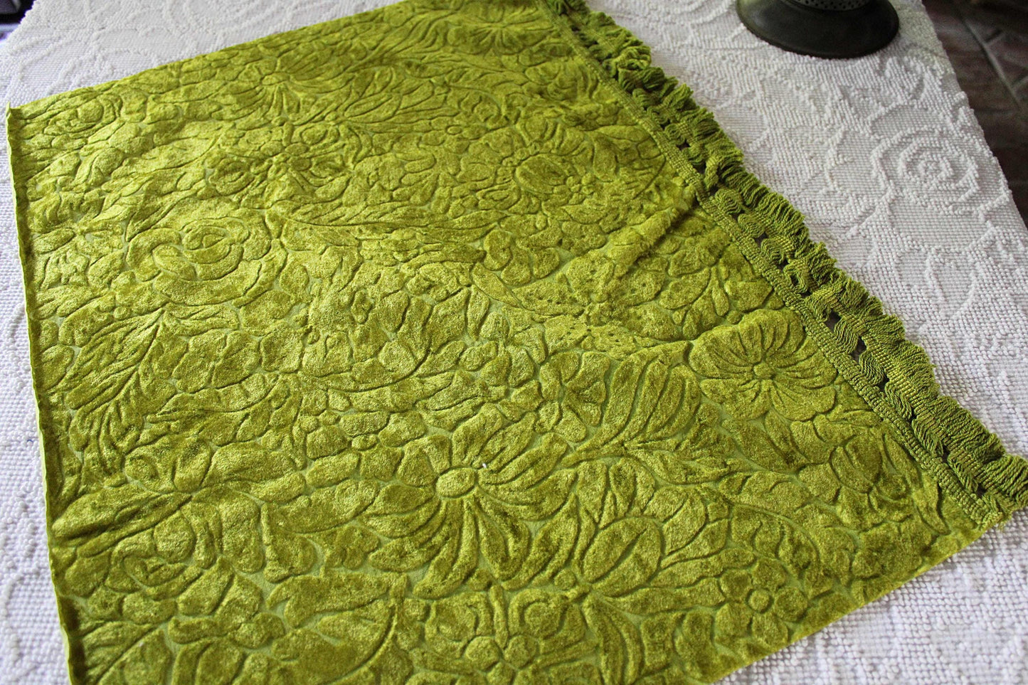 Vintage Cut Velvet Fabric, Bewitching Golden Green Shimmer Sculpted Florals, 24" x 18" inch Piece
