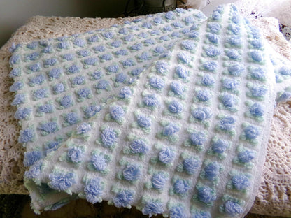Heavenly Blue Rosebud Vintage Chenille Fabric, Morgan Jones Rose Design, 24" x 18" inch Piece, Angelic Raised Roses on White