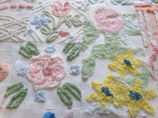 vintage chenille fabric squares, "romance & roses" set of 16 floral 6" quilt blocks in colorful garden flowers, for quilting, crafts, sewing