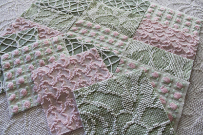 rosy romance chenille fabric squares, set of 16 vintage quilt blocks 6" inches ea, squiggle, hobnail, rosebud texture in jade & pink rose