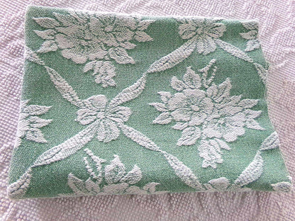shabby cottage jade rose woven fabric, reversible sewing material from vintage bates bedspread, 20" x 30" piece for pillows, quilting