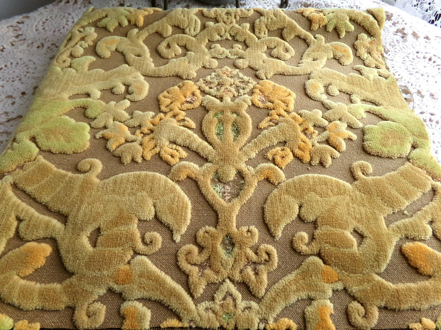 boho cut velvet fabric, shabby distressed vintage Bates tapestry style chenille material, 20.5" x 16.5" piece, popular in bags