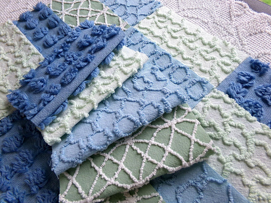misty mermaid chenille fabric squares, 16 vintage 6" quilt blocks in coastal blue & green, for sewing, crafts, fiber arts