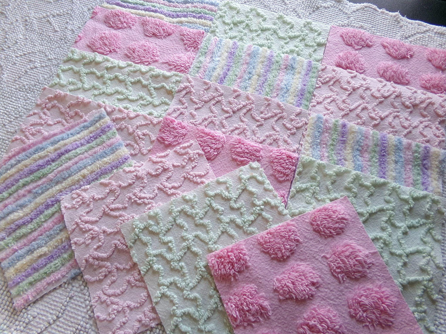 enchanted rainbow chenille fabric squares, set of 16 vintage pink & green quilt blocks 6" ea, rosebud, squiggles for crafts, quilting