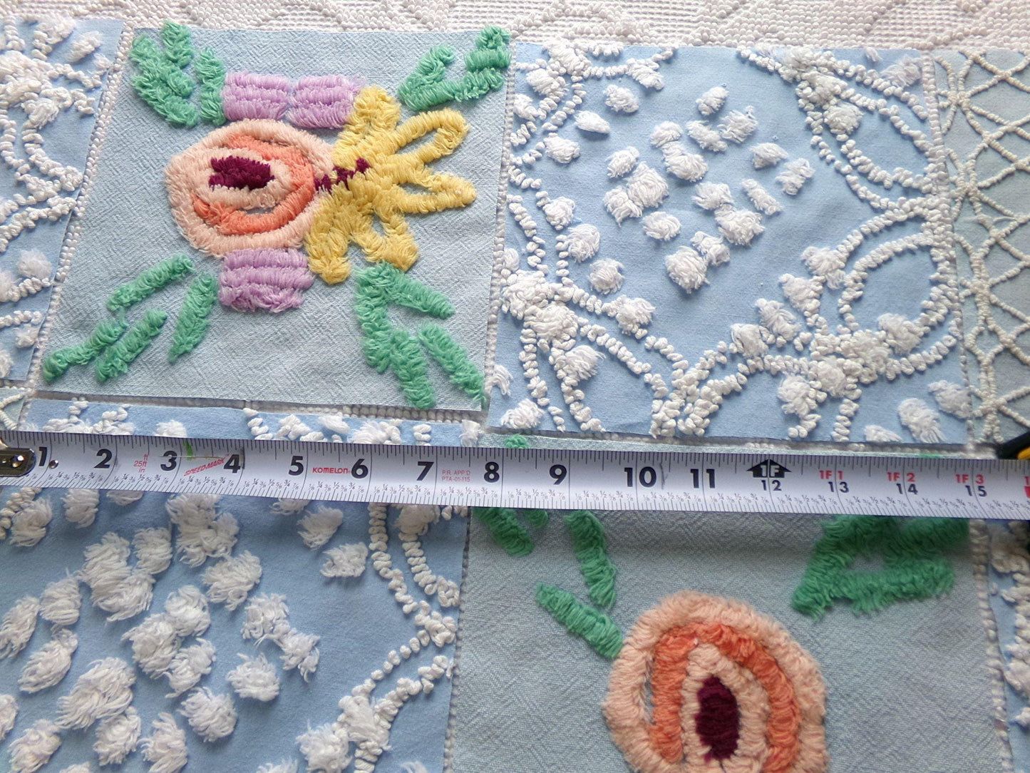 coastal wanderings chenille fabric squares, set of 8 vintage 7.5" quilt blocks, sky blue & white, for sewing, crafts, quilting