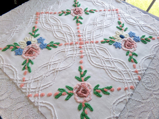 cottagecore chenille fabric, vintage meadow wildflowers, charming 23" x 24" inch piece of quilting material for sewing, pillows, crafts