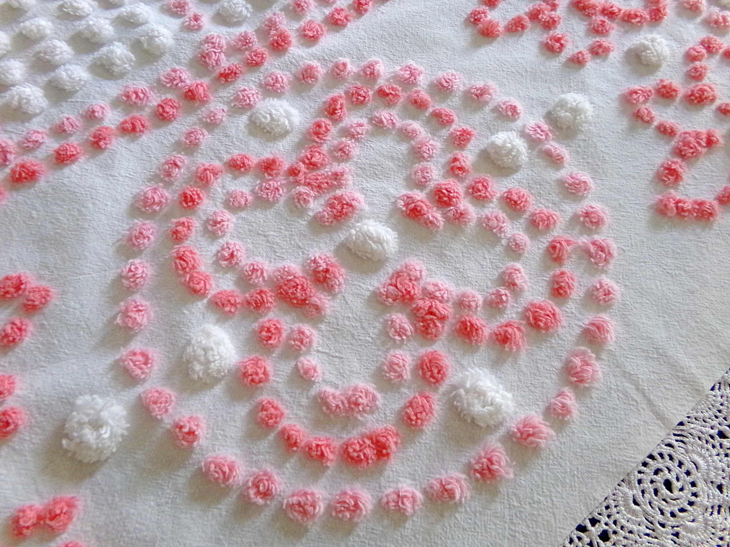 Spunky Daisy Medley Vintage Chenille Fabric, 23" x 18" inch handtufted antique Pink Pops piece, Fun in DIY Pillows