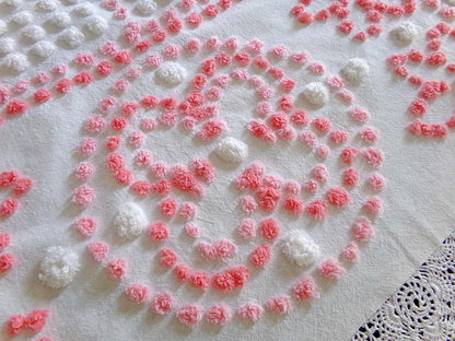 Spunky Daisy Medley Vintage Chenille Fabric, 23" x 18" inch handtufted antique Pink Pops piece, Fun in DIY Pillows
