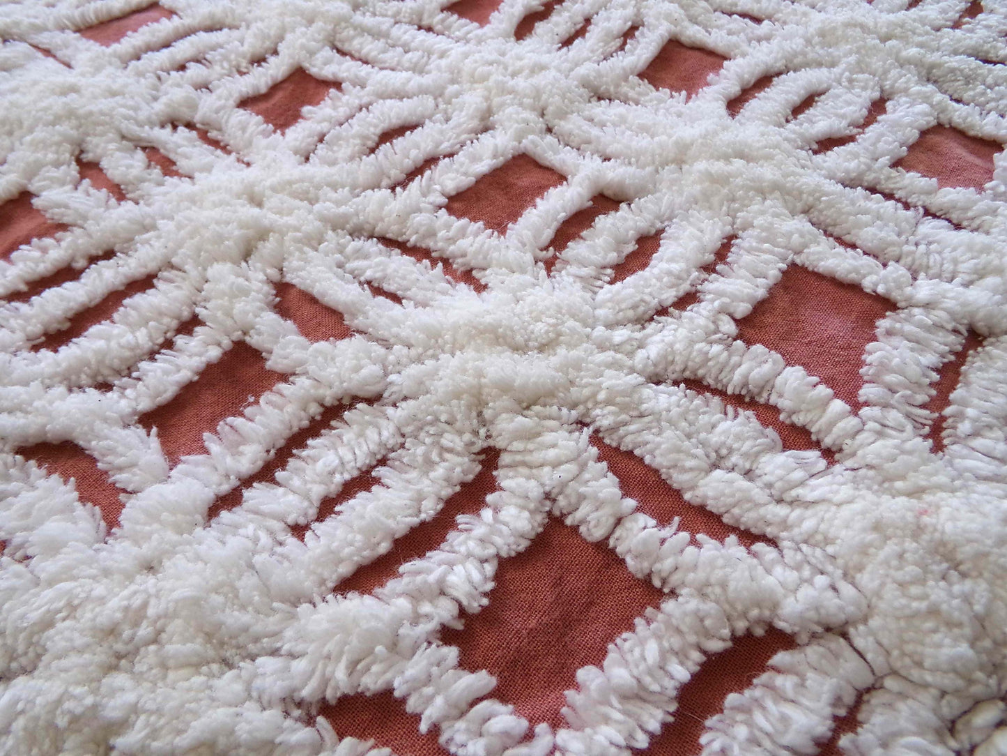 Earthy Terracotta Vintage Chenille Fabric, Plush White Tufted Petal Design, 20" x 24" inch Piece, 100% Cotton Material for Quilts & Crafts