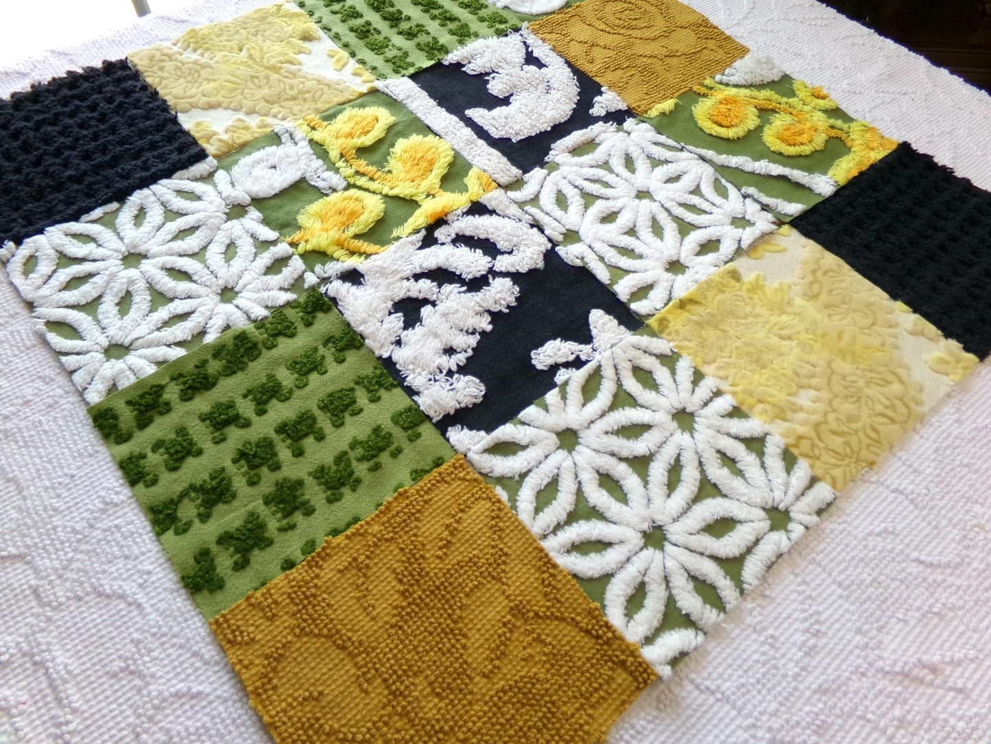 bewitching blend of vintage 6" chenille squares, set of 16 quilt blocks, rotary cut from boho vintage chenille bedspread fabrics