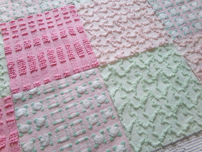 phantom rose 6" chenille squares, green, pink, white rosebud, set of 16 quilt blocks rotary cut from vintage chenille bedspread fabrics