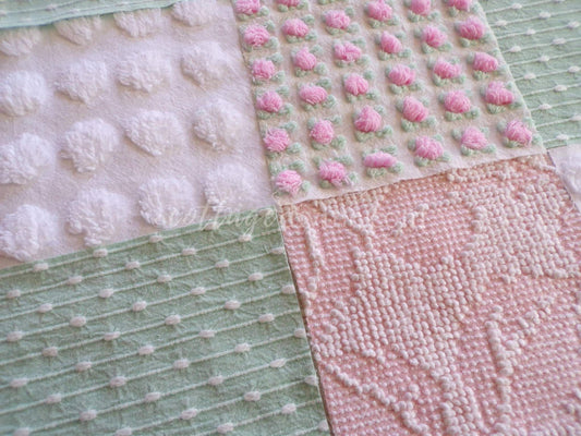 set of vintage chenille fabric squares, 16 rotary cut 6" quilt blocks for sewing & crafts in pretty springtime colors