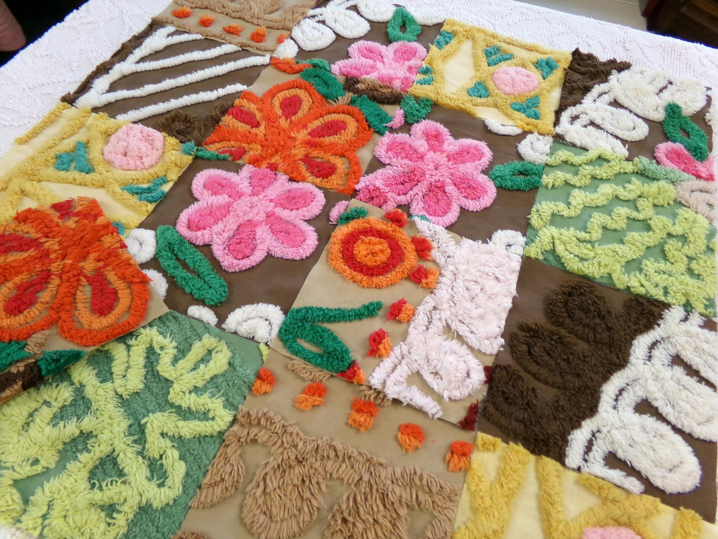 flower power vintage chenille fabric squares, set of 16 boho 70s style 6" blocks for arts & crafts, sewing