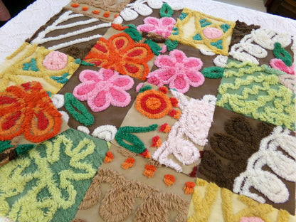 flower power vintage chenille fabric squares, set of 16 boho 70s style 6" blocks for arts & crafts, sewing
