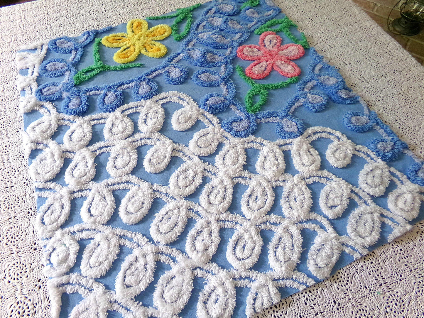 Teardrop Blue Floral Vintage Chenille Fabric, 20" x 21" Inch Piece, Great for Pillow Cover