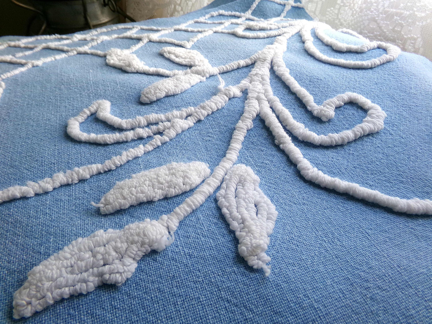 Most Beautiful Old Rose Vintage Chenille Fabric, 17.5" x 32" inch Piece, White Trellis & Scrollwork on Sky Blue Cotton, for Quilts, Pillows
