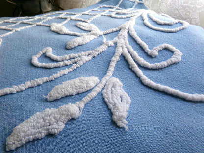 Most Beautiful Old Rose Vintage Chenille Fabric, 17.5" x 32" inch Piece, White Trellis & Scrollwork on Sky Blue Cotton, for Quilts, Pillows