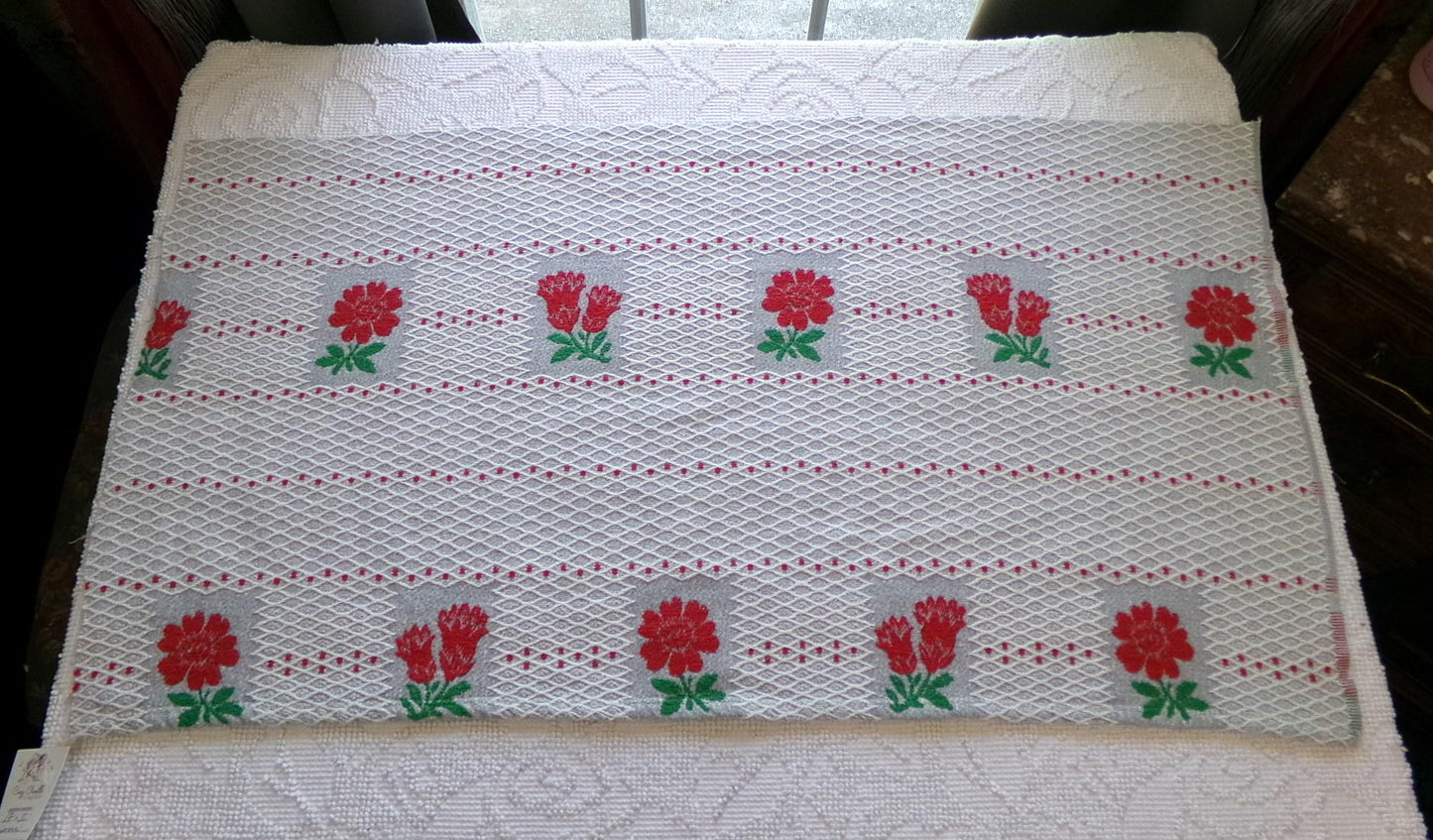 steel grey red floral vintage woven fabric, midcentury MCM reversible white lattice sewing material, 17" x 31" inch cut piece