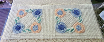 Pretty Vintage Chenille Fabric in Two Tone Blue & Iced Peach Roses on White, 13" x 30" inch Piece, Ideal for DIY Pillow Covers