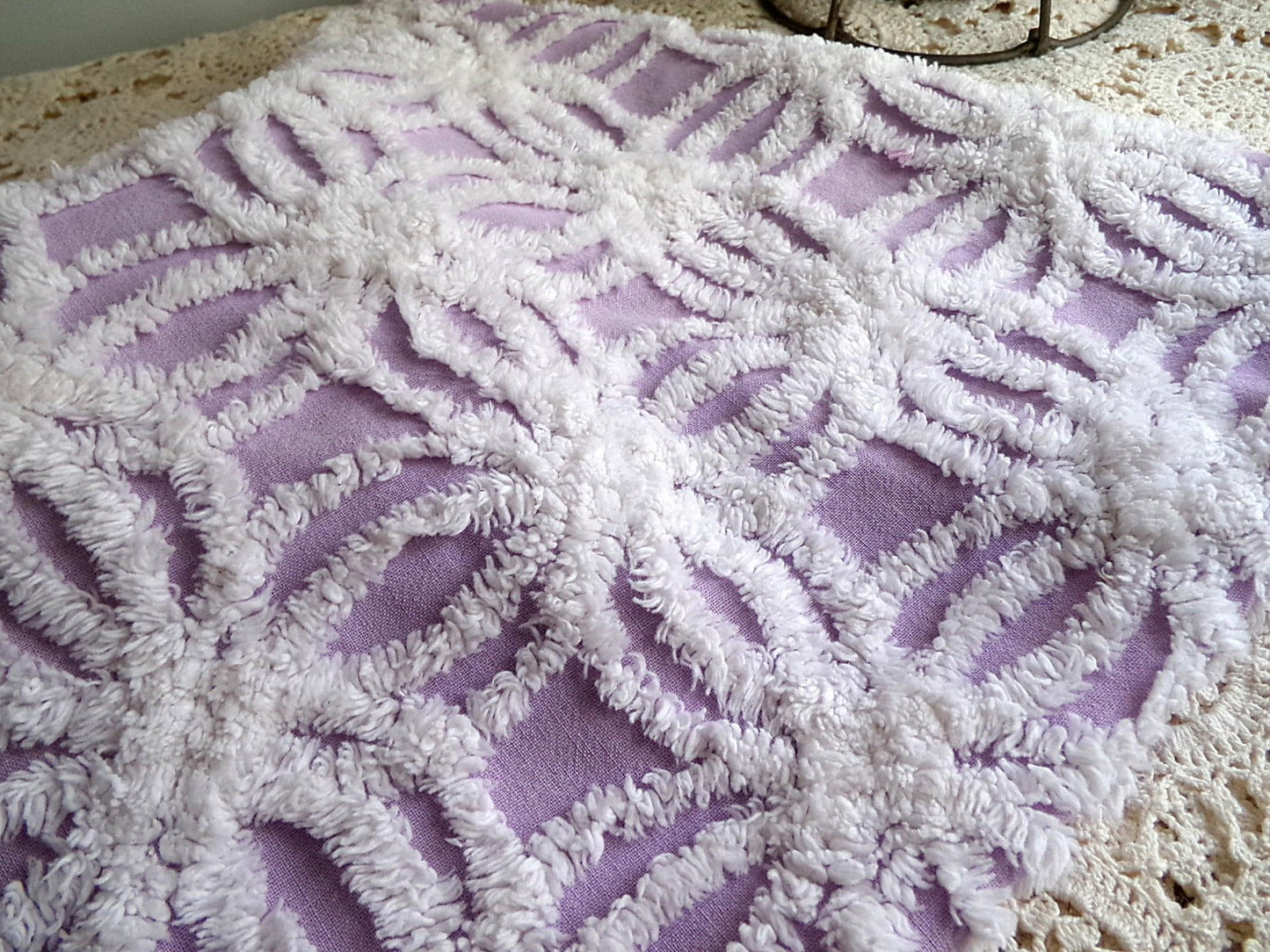 lilac chenille fabric, plush white wedding rings on purple, 18" x 24" inch piece cut from vintage chenille bedspread