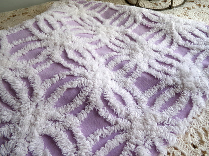 lilac chenille fabric, plush white wedding rings on purple, 18" x 24" inch piece cut from vintage chenille bedspread