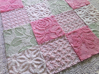 Flower Lady Vintage Chenille Squares, 16 Quilt Blocks, 6" inch in Sage Green, Petal Pink & Rose, from Chenille Bedspread Fabrics