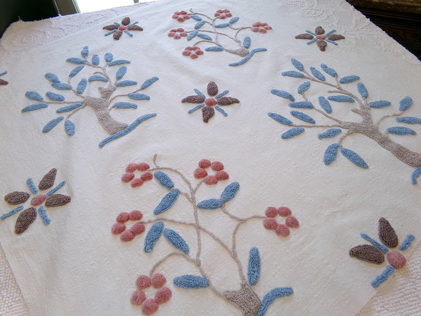 mystic roots vintage chenille fabric w/ 3D tufted earthy tree, floral & star design, 28" x 29" cut piece for wall hangings, fiber arts