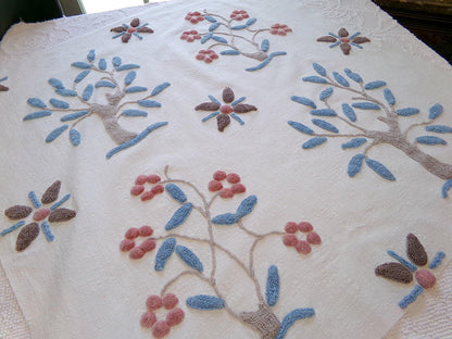 mystic roots vintage chenille fabric w/ 3D tufted earthy tree, floral & star design, 28" x 29" cut piece for wall hangings, fiber arts