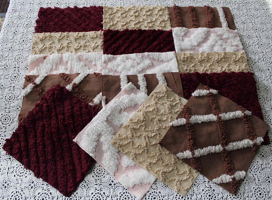 chocolate raspberry chenille fabric squares, 16 vintage quilt blocks, 6" x 6" inches ea, great shades of brown, merlot, mocha, white