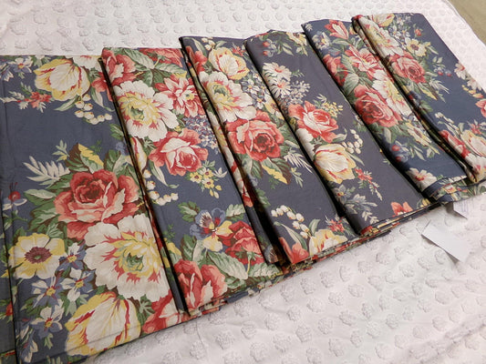 Lot of 3 Pair Ralph Lauren Kimberly Drapes Window Curtains, 6 Panels of Vintage Blue Floral Drapery Panels