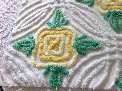 Shabby Chic Chenille Fabric, Yellow Cabbage Roses on White Cotton, 30" x 17" inch Piece, Pretty in Pillows & Quilts